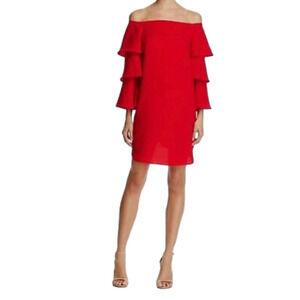 𝅺nwt Nanette Lepore Red Riding Hood Tiered Bell Sleeve off the Shoulder Dress